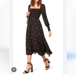 Reformation Size Small Black Rowan Midi Dress In Constellation